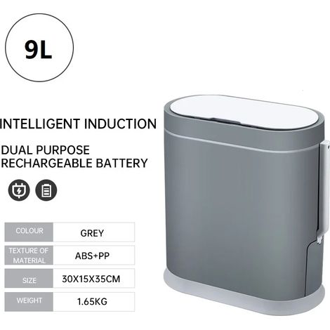 Poubelle de salle de bain automatique rechargeable grise de 9 L avec couvercle et brosse WC intégrée. (1/5)