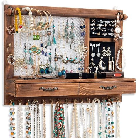 Wooden Jewelry Holder Wall Mount Holder with Bracelet Bar, 21 Hooks, Drawer for Earrings, Chains, Bracelets, Rings, Accessories (Brown) (1/2)