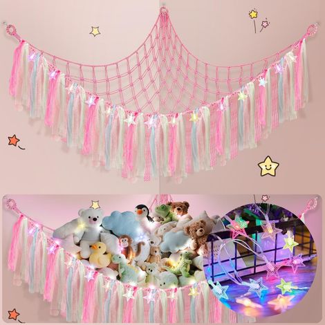 Rangement Peluches Maille, LED, Boho, Macramé, Suspendu, Jouets, Chambre, Rose, Grande Capacité, Déco (1/5)