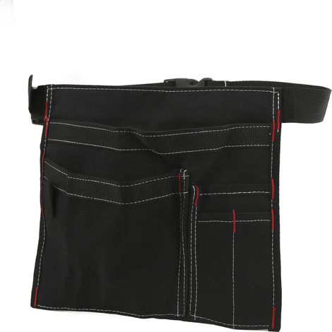 Sacoche ceinture porte-outils en toile noire, à suspendre à la taille, pour vis, clous, écrous et perceuse. (1/5)