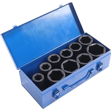 Set mit 10 robusten, 1 Zoll tiefen Schlagschraubernüssen inklusive Aufbewahrungsbox aus Eisen. (1/5)