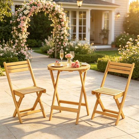 Klappbares Bistro-Set aus Akazienholz für den Garten, 1 runder Tisch und 2 Stühle, Naturholz (1/5)