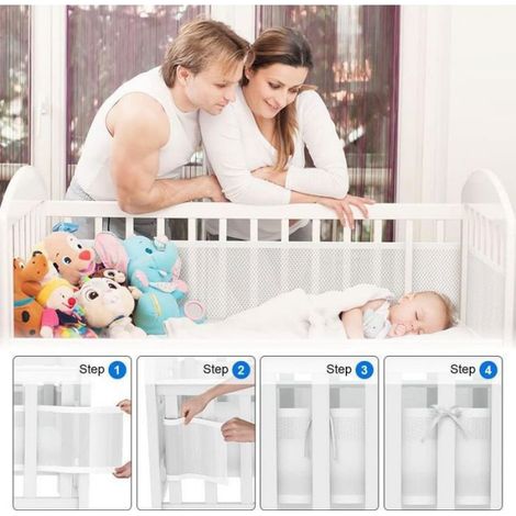 Lot de 2 protections de lit en maille respirante, tour de lit pour bébé, pour garçons et filles, 340/160 x 30 cm (blanc) (1/4)
