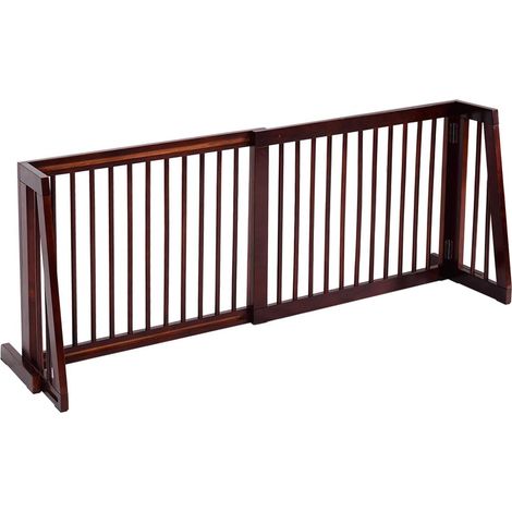 COSTWAY Cancelletto per Cani Regolabile in Legno Massello, con Base Larga e 3 Ante, Ideale per Cani di Piccola/Media Taglia (140-203) x 9,5 x 56 cm, Marrone (1/5)