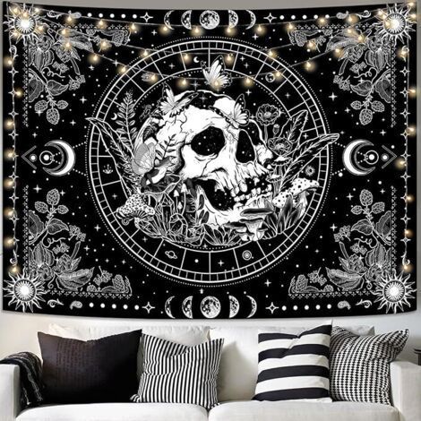 Tapisserie murale en forme de tête de mort noire et blanche pour chambre à coucher, tête de mort, plante naturelle, esthétique, à suspendre pour salon, dortoir (noir, 203,2 x 152,4 cm) (1/5)