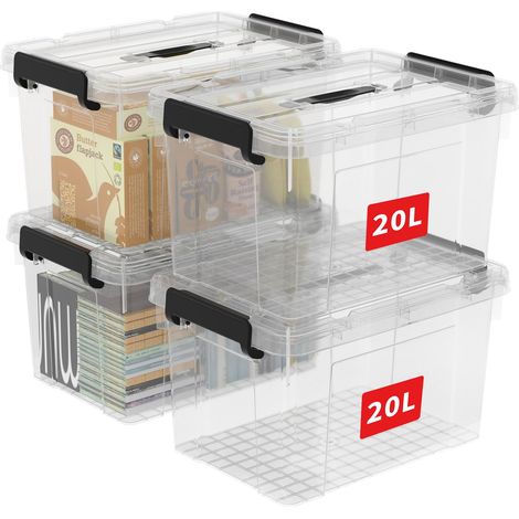 20L4 Boîte de Rangement, Bac de rangement avec Poignée, Plastique Organisateur avec Couvercle, Empilable, Transportable, pour Vêtements, Bureau, Chambre, Dortoirs, Transparent, 20L - Lot de 4 (1/5)
