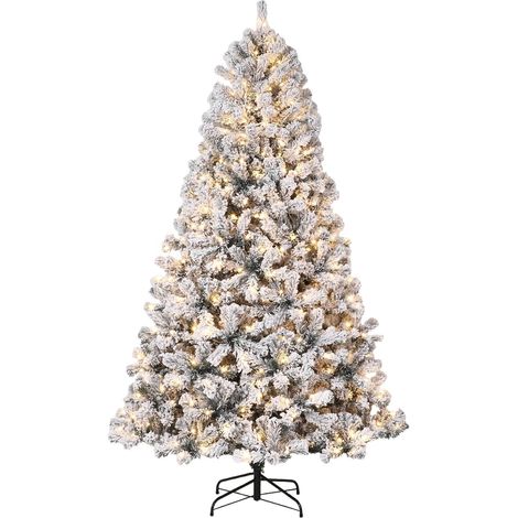Beflockter Weihnachtsbaum 237 cm (7,5FT) mit Beleuchtung, aufklappbarer Kunstbaum, 340 Spitzen, faltbarer Metallständer, Weißer Schnee-Look (1/5)