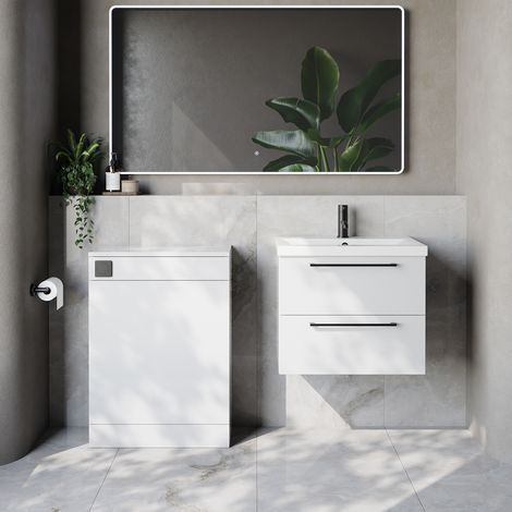 Napoli 390 Cento Gloss White 1200mm Wall Mounted 2 Drawer Vanity Unit and Toilet Suite with Glide Basin - 1200mm - Matt Black 320mm HandleWithout Kingston Toilet Pan