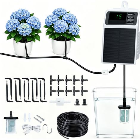 Kit d'Irrigation Goutte-à-Goutte Solaire, Système d'Arrosage Automatique pour Plantes avec Minuterie et Goutteurs, Irrigateur Imperméable avec Anti-Siphon et Tuyau de 10M pour Jardin, Serre (1/5)