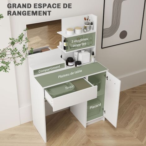 Ensemble coiffeuse miroir tabouret armoire étagère 80x40x132 cm blanc