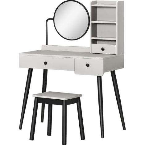 Dressing Table Set with Mirror Stool, Vanity Makeup Table with 3 Drawers Open Shelves for Bedroom, Living Room, Grey (1/5)
