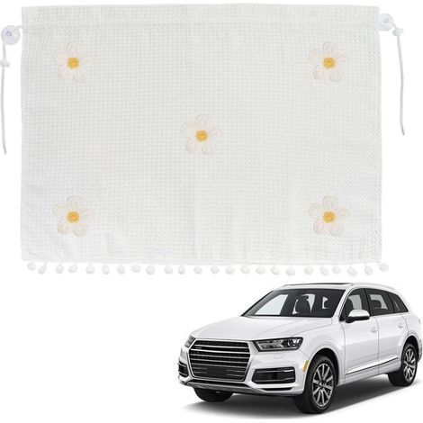 Cortina para coche con estampado floral y pompones – Textura de gofre blanca, privacidad y parasol con ventosas, elegante y de ajuste universal. (1/5)
