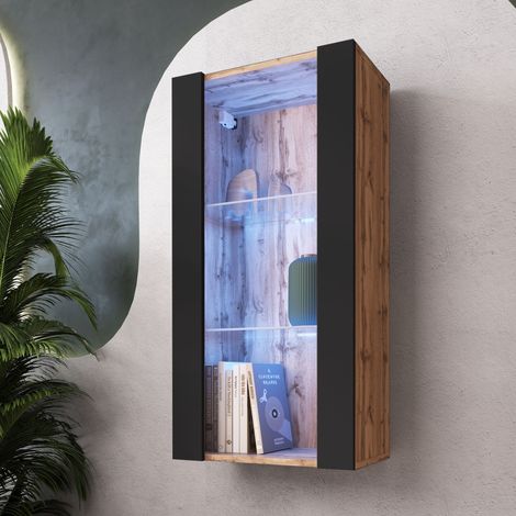Komodee Vitrine Suspendue Tivoli Vertical 100, Wotan/Noir, LED Bleues Largeur 100cm x Hauteur 50cm x Profondeur 29,5cm, 2 étagères en verre, pour Salon, Chambre