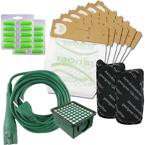 Sacchetti folletto vk 131 vk 130 microfibra 12pz + 20 profumi + filtri cavo 10m compatibili