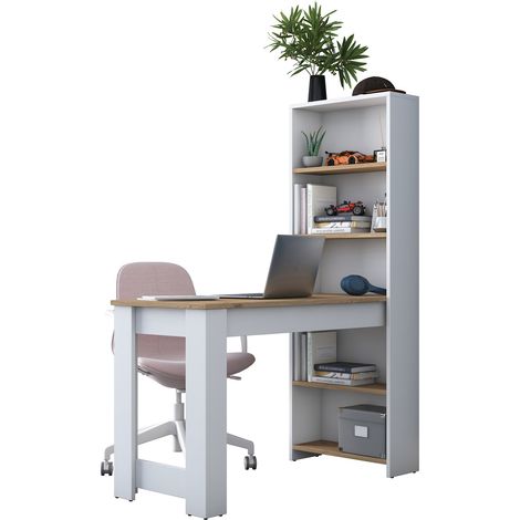 Scrivania Cervaro, 5 Ripiani, 5 Vani, con Libreria, 120x54x154h cm Marrone Rovere