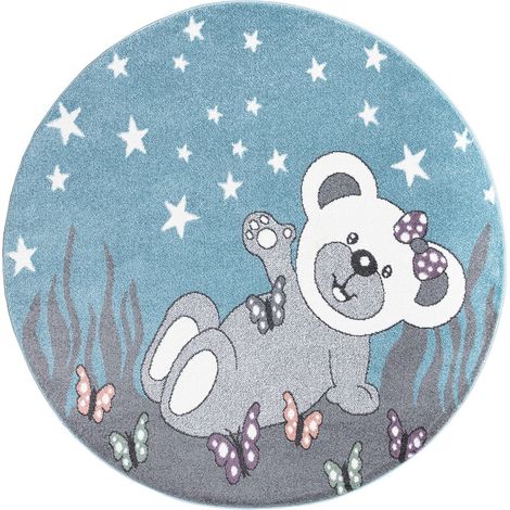 Tapis Rond pour chambre d'enfant Ourson Bleu et Blanc 120x120cm