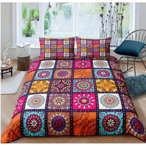 Housse de Couette Style Parure de Lit 240x260cm Coloré Grid Plaid Decor Parure Housse de Couette Hippie 3 pièces Multicolore - 7AA (1/3)
