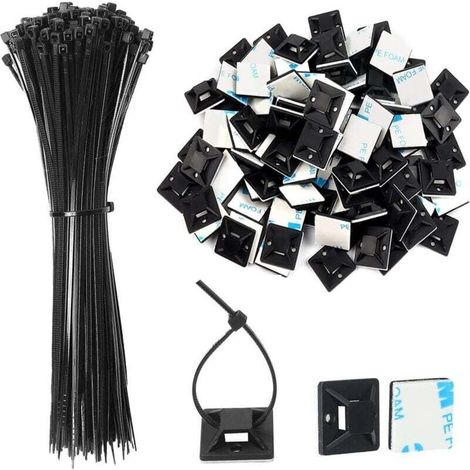 200 Pack Adhesive Cable Tie Holders, Including Multi-Purpose Cable Ties and Adhesive Cable Tie Pads - Black, Cable Tie Length 150mm, Holder Width 25mm.