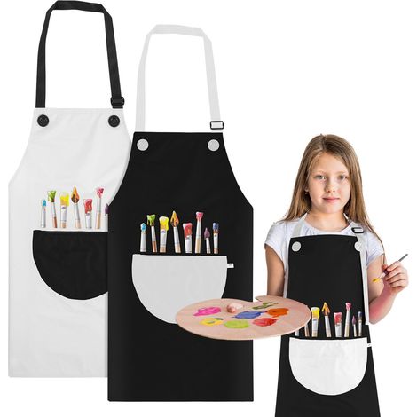 Lot de 2 tabliers de peinture pour enfants - Avec poche - Pour l'école, la peinture, la cuisine, la pâtisserie, le jardinage, le bricolage - Gris et noir, Gris et noir., Länge 60 cm, Breite 45 (1/5)