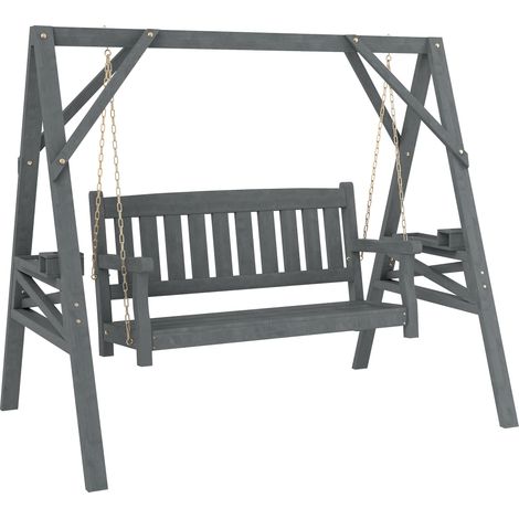2-Sitzer Gartenschaukel, Holzschaukelbank mit Ablagen, Getränkehalter und Metallketten, Grau