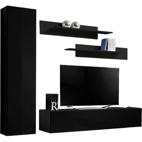 Wandkomposition FLY G1 – Hängendes TV-Möbel, Säule und Regale – Hochglanz Schwarz – Modernes Design
