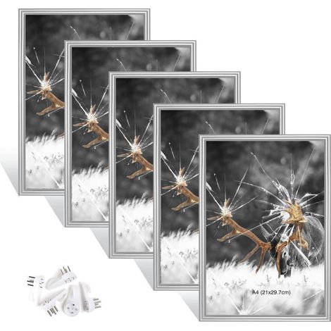 5er Set Bilderrahmen DIN A4 Silber mit Plexiglas zum Stellen & Hängen (1/5)
