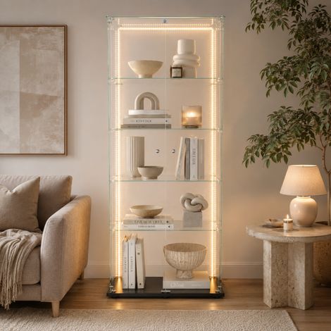 Vitrine vitrée avec LED—Vitrine Exposition avec serrure—Vitrine de Collection 2 porte—Armoire vitrée avec 4 étagères—Étagère de Présentation—Noir (1/5)
