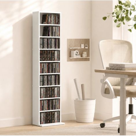 MODFU – Mobile portadisco CD/DVD 33x24x140 cm in legno con 6 ripiani regolabili, per 260 CD o 120 DVD e portata 15 kg – Bianco (1/5)
