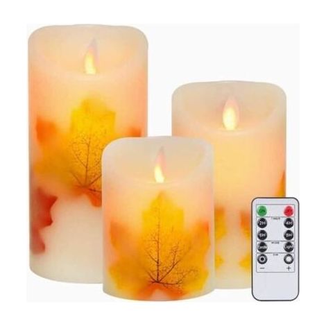 Lot de 3 bougies LED feuille d'érable, blanc chaud, sans flamme, alimenté par batterie, mèche clignotante, avec télécommande et minuterie, pour la décoration, mariage (feuille d'érable) (1/5)
