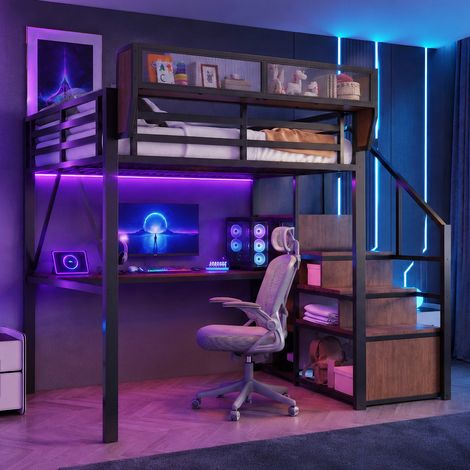 Lit mezzanine (140 x 200 cm), lit en métal avec bande lumineuse LED, bureau long, échelle de sécurité et espace de rangement modulable – lit en métal universel pour adultes et enfants – noir (1/4)