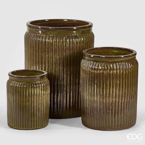 EDG Enzo De Gasperi Set 3 Pz Vaso Glaze Rotondo H 70 Cm H 55 Cm H 40 Cm Waterproof  Olive (1/3)