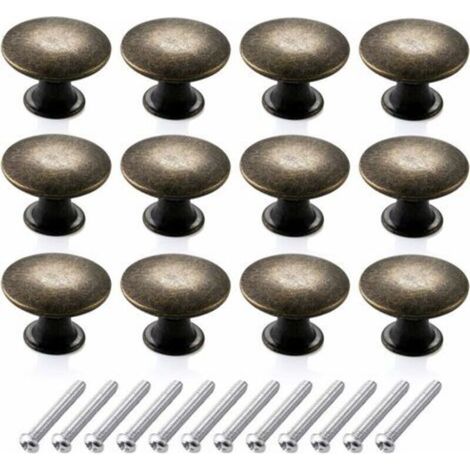 Lot de 12 boutons de commode ronds vintage, boutons de meubles rétro en laiton antique, poignées de tiroir de cuisine (30 mm, bronze) (1/5)