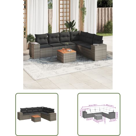 The Living Store 7-tlg. Garten-Sofagarnitur mit Kissen Grau Poly Rattan - Gartenmöbel Set - PE-Rattan Möbel - Outdoor Lounge - Esstisch - Gartenstuhl (1/3)