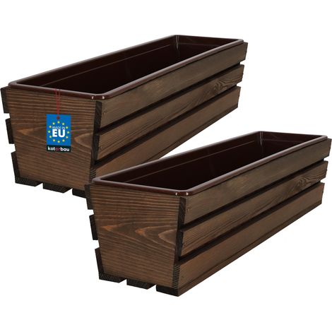 KOTARBAU® Lot de 2 Jardiniere Extérieur - Bac à Fleurs - avec Insert Plastique - Jardiniere Rectangulaire - 60x18x15 cm - pour Terrasse - Jardin - Décoration Extérieure - Marron (1/4)