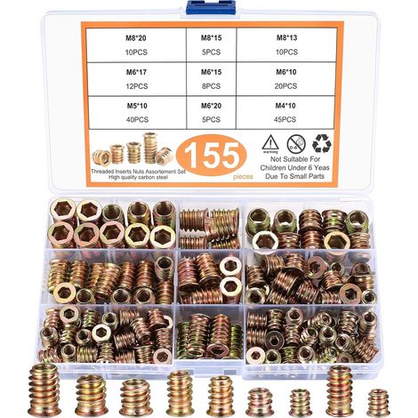 Einschraubmutter Holz, 155 Stück Gewindeeinsatz Muttern, M4 M5 M6 M8 Hex Innensechskantmuttern, Einschraubmuffen, Eindrehmuffe Sortiment Set für Holz Möbel, Farbe Zink