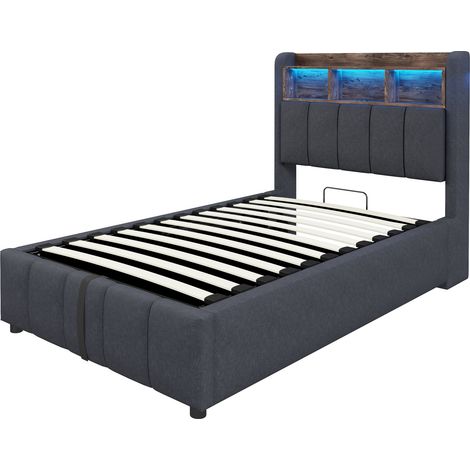 Cama tapizada 90 x 200 cm gris con LED, USB, almacenaje hidráulico y cabecero con estantes (1/5)