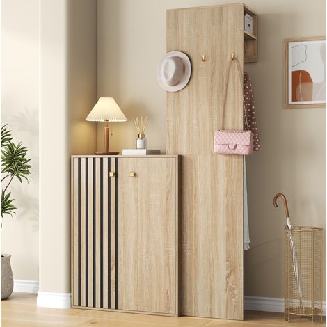MODFU – Guardaroba ingresso 115x38,5x191,5 cm in MDF con scarpiera e appendiabiti, ripiani regolabili e carico 80 kg – Naturale (1/5)