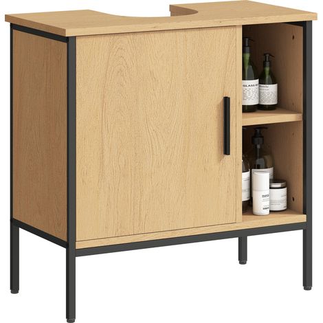 Meuble sous-évier avec porte et étagère réglable pour lavabo sur pied 60 x 30 x 59,5 cm Chêne (1/5)