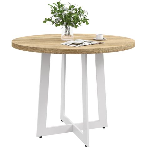 Tavolo da Pranzo Rotondo Moderno per 4 Persone, Ø100x75cm, Legno Naturale e Bianco (1/5)