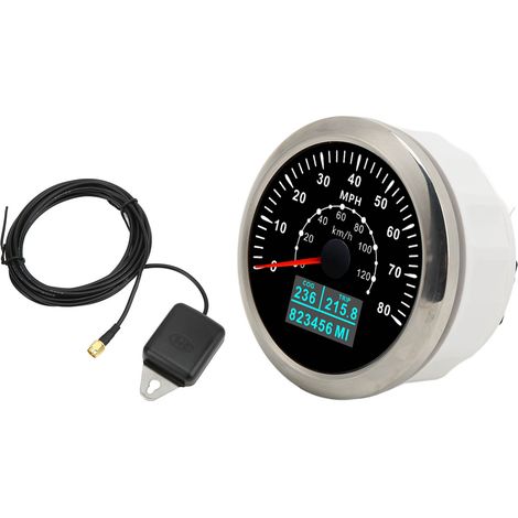 Compteur de vitesse GPS universel 85 mm, étanche, odomètre 80 mph (120 km/h), rétroéclairage couleur, pour voiture, bateau, camping-car, yacht (noir). (1/5)