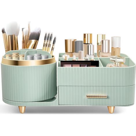 Organiseur de maquillage multifonction rotatif à 360°, organiseur de beauté pour coiffeuse, salle de bain et chambre à coucher, avec petit tiroir multifonctionnel (Vert) (1/5)