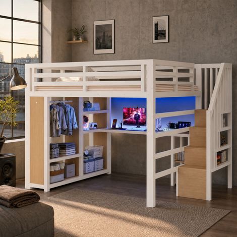 Letto a soppalco 160x200 cm in metallo con scrivania, LED, USB e scala, bianco HAVRYA (1/5)