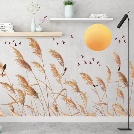 Autocollants muraux décoratifs pour salon : roseaux, feuilles et oiseaux (1/5)
