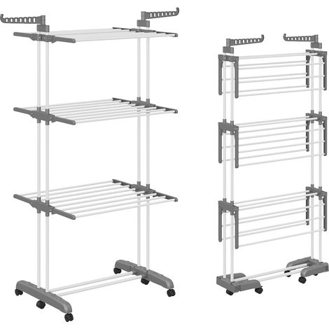 3 Niveaux Séchoir à Linge Tour Pliable avec roulettes Grande Capacité Solide Portable Vertical Laundry Drying Rack pour Balcon Extérieur Intérieur (Gris) (1/5)