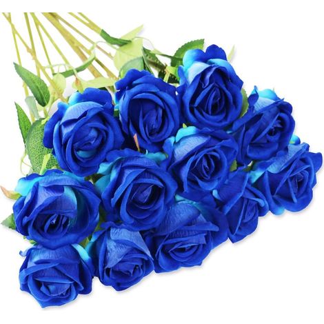 12 roses artificielles bleues, roses artificielles à longues tiges, bouquet de mariée, fleurs réalistes, adaptées à la décoration de la maison, du jardin, des fêtes, des hôtels et du bureau (bleu)