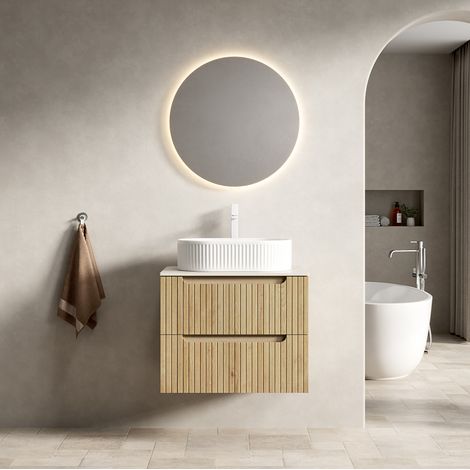 Mueble de baño suspendido 60x46x62.2 cm, lavabo ovalado, 2 cajones soft close, cerámica y piedra sinterizada, blanco y roble blanco (1/5)