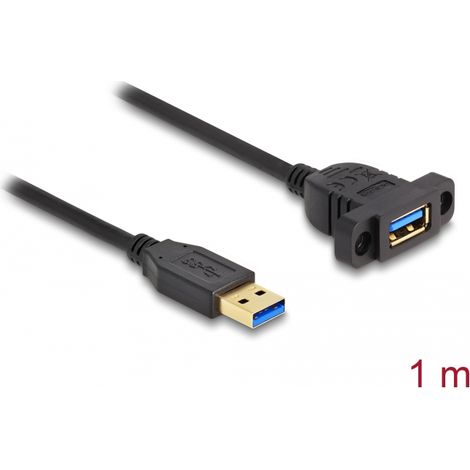 Delock Cable SuperSpeed USB 5 Gbps (USB 3.2 Gen 1) USB Tipo-A macho a hembra de 1 m para montaje en panel negro