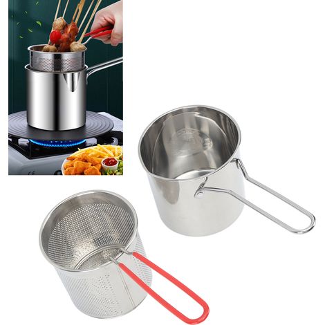 Mini friteuse en acier inoxydable 304 avec cuve profonde, panier passoire, pinces alimentaires et couvercle. (1/5)
