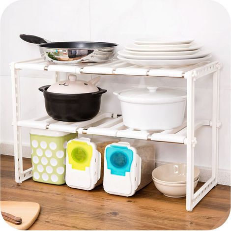 ® Étagères de cuisine, étagères d'évier de cuisine flexibles, étagère à 2 niveaux, Etagère de Cuisine Evier en Acier Inoxydable et PP à Longueur Réglable 38-702638cm-blanc (1/5)