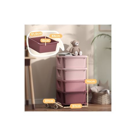 Meuble de rangement enfant rose à 4 tiroirs avec bords arrondis et structure surélevée pour chambre, salle de jeux et école (1/5)